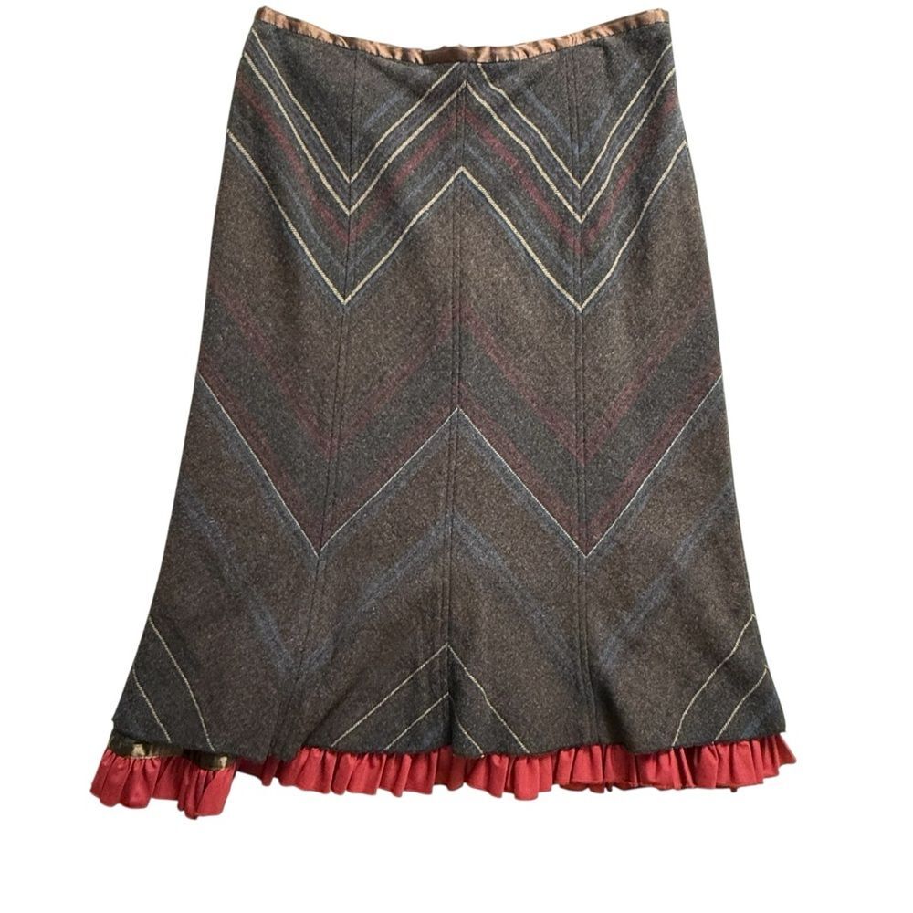 Field Manor‎ Wool Chevron A-Line Midi Skirt Size 8 Brown Western Prairie